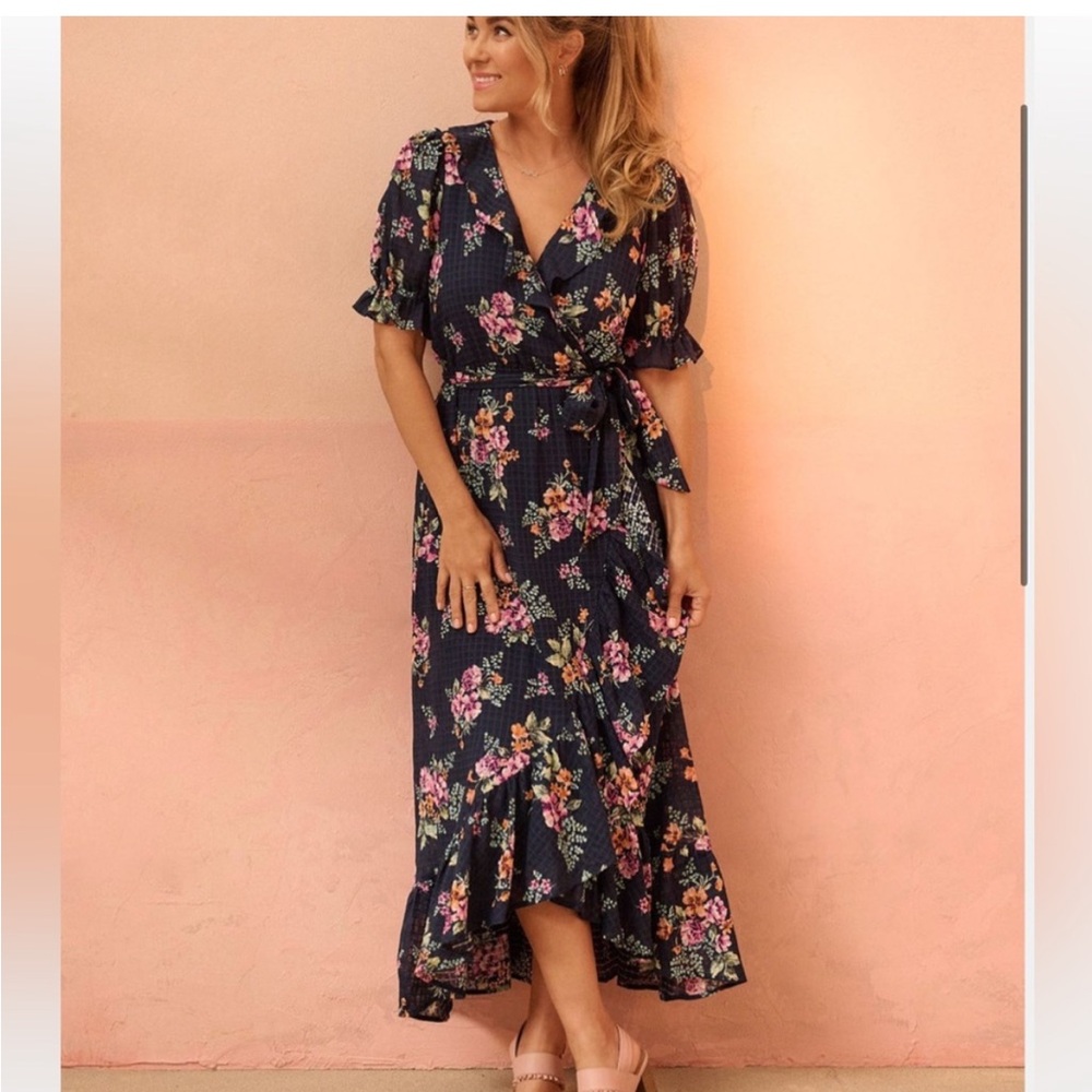 LC Lauren Conrad Floral Waffle Wrap Tie Ruffle Maxi Dress Navy Blue 3XL Plus NWT